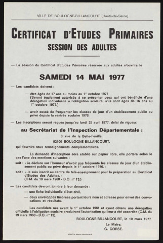 Certificat d'études primaires, session des adultes ,