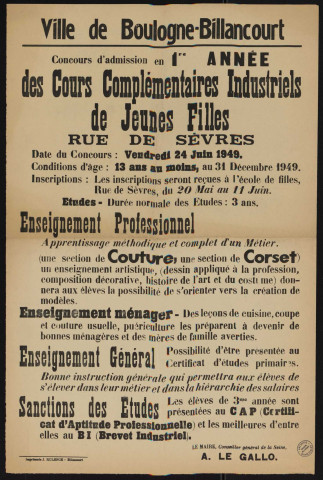 Concours d'admission en 1re année des cours complémentaires industriels de jeunes filles rue de Sèvres,