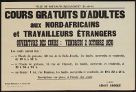 Cours gratuits d'adultes aux Nord-Africains et travailleurs étrangers : ouverture des cours vendredi 2 octobre 1970,