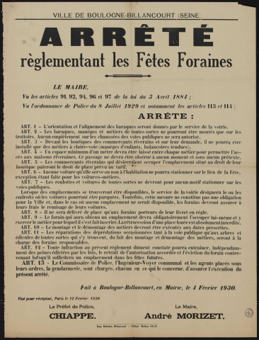 Arrêté réglementant les fêtes foraines,