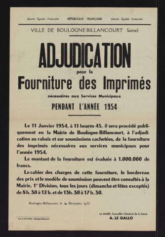 Adjudication pour la fourniture des imprimés nécessaires aux services municipaux pendant l'année 1954,