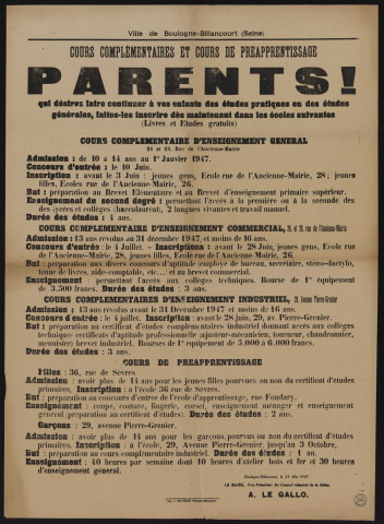 Cours complémentaires et cours de préapprentissage : parents qui désirez faire continuer à vos enfants des études pratiques ou des études générales, faites-les inscrire dès maintenant dans les écoles suivantes,