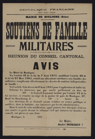 Soutiens de famille militaires : réunion du conseil cantonal, Conseil cantonal du 26 octobre 1920 (indiqué sur le recto de l'affiche).