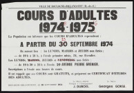 Cours d'adultes, 1974-1975 é, Affiche de 1974 annotée pour 1975.