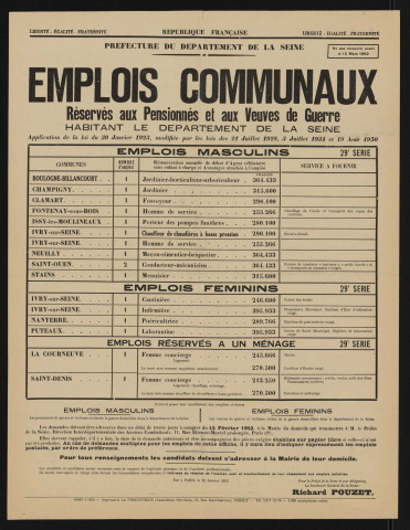 Emplois communaux réservés aux pensionnés et aux veuves de guerre habitant le département de la Seine, Recrutement à Boulogne-Billancourt d'un jardinier-horticulteur-arboriculteur.