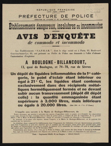 Avis d'enquête de commodo et incommodo : 13 quai de Boulogne et 74-78 rue de Sèvres, Etablissement SAPRAR : dépôt de liquides inflammables de la 1re catégorie