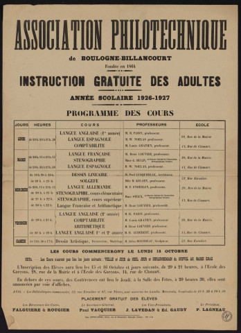 Association philotechnique : instruction gratuite des adultes, programme des cours pour l'année scolaire 1926-1927,