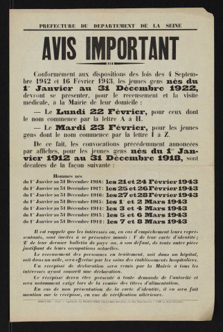 Avis important [concernant le recensement des jeunes gens nés de 1912 à 1918 et en 1922),