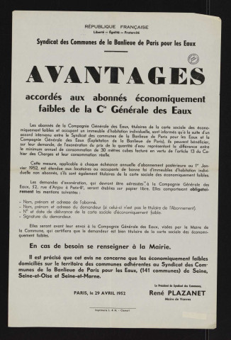 Avantages accordés aux abonnés économiquement faibles de la Cie générale des eaux,