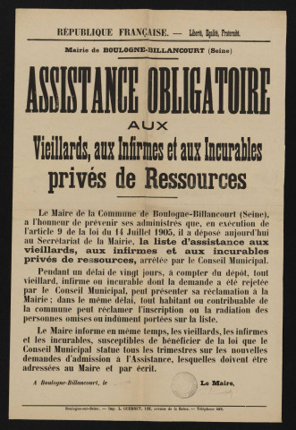 Assistance obligatoire aux vieillards, aux infirmes et aux incurables privés de ressources ééêé,