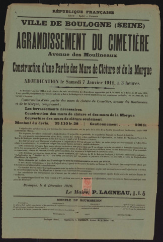 Agrandissement du cimetière (avenue des Moulineaux) : construction d'une partie des murs de clôture et de la morgue,