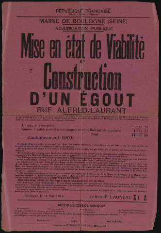 Mise en viabilité et construction d'égout rue Alfred-Laurant,