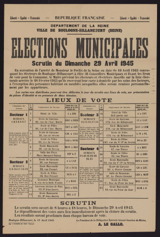 Élections municipales : scrutin du 29 avril 1945 [indication des lieux de vote],