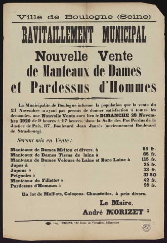 Ravitaillement municipal : nouvelle vente de manteaux de dames et pardessus d'hommes,