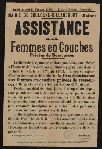 Assistance obligatoire aux vieillards, aux infirmes et aux incurables aux femmes en couches privées de ressources ééêé,