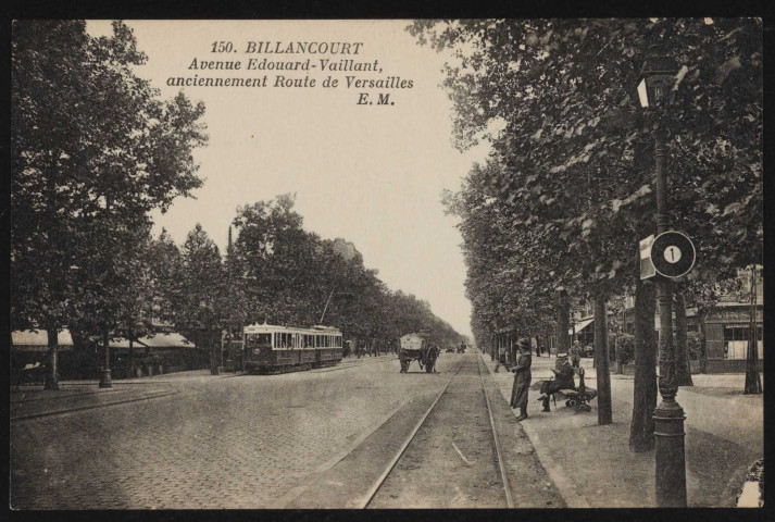 150 - Billancourt, Avenue Edouard-Vaillant, anciennement route de Versailles, Boulogne-Billancourt . avenue du Général Leclerc . - perspective - A gauche, la rue de Billancourt et le café Le Rex. A droite la rue de la Ferme et le Borgex. Au centre un tramway et une charrette.