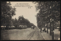 150 - Billancourt, Avenue Edouard-Vaillant, anciennement route de Versailles, Boulogne-Billancourt . avenue du Général Leclerc . - perspective - A gauche, la rue de Billancourt et le café Le Rex. A droite la rue de la Ferme et le Borgex. Au centre un tramway et une charrette.