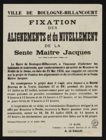 Fixation des alignements et du nivellement de la sente Maître Jacques,