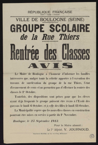 Groupe scolaire de la rue Thiers : avis [concernant la] rentrée des classes,