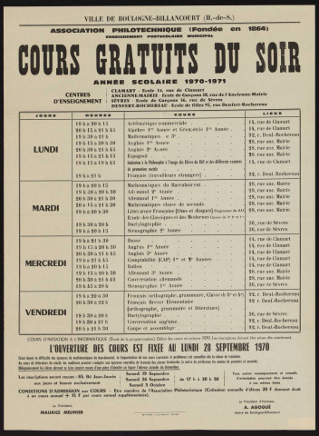 Cours gratuits du soir, année scolaire 1970-1971 ,