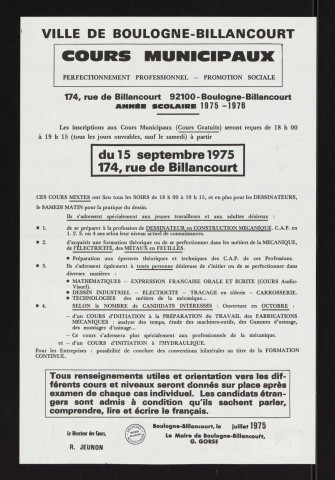 Cours municipaux : perfectionnement professionnel, promotion sociale, année scolaire 1975-1976,