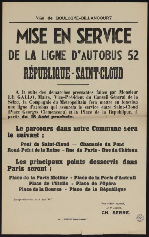 Mise en service de la ligne d'autobus 52 République - Saint-Cloud,