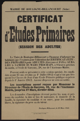 Certificat d'études primaires, session des adultes ,