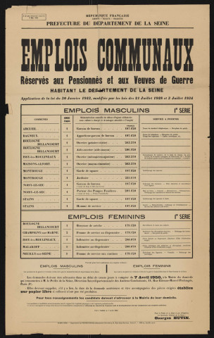 Emplois communaux réservés aux pensionnés et aux veuves de guerre habitant le département de la Seine, Recrutement à Boulogne-Billancourt d'un ouvrier (peintre-vitrier), d'un aide-ouvrier (aide-maçon) et d'une berceuse de crèche.