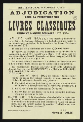 Adjudication pour la fourniture des livres classiques pendant l'année scolaire 1975-1976,