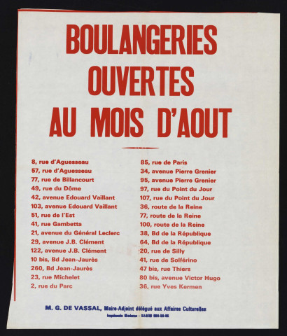 Boulangeries ouvertes au mois d'août,