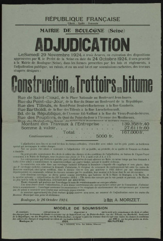 Adjudication [de la] construction de trottoirs en bitume é,