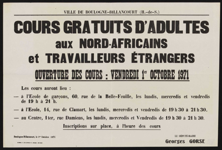 Cours gratuits d'adultes aux Nord-Africains et travailleurs étrangers : ouverture des cours vendredi 2 octobre 1970,