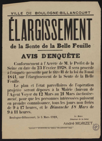 Elargissement de la sente de la Belle-Feuille : avis d'enquête,