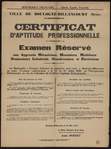 Certificat d'aptitude professionnelle : examen réservé aux apprentis mécaniciens, menuisiers, chaudronniers et électriciens,