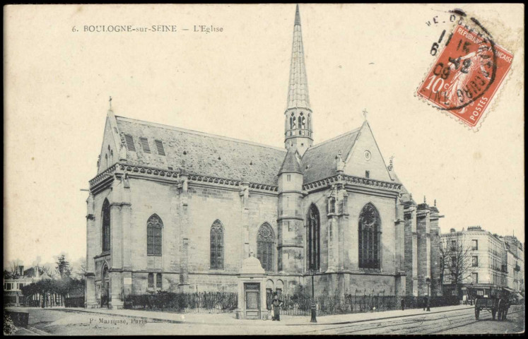 6 - Boulogne-sur-Seine - L'Eglise, Boulogne-Billancourt - rue de l'église, avenue Jean-Baptiste Clément . - façade de l'église Notre-Dame-de-BoulogneVue d'une façade de l'église Notre-Dame de Boulogne depuis l'angle de la rue de l'église, à gauche et de l'avenue Jean-Baptiste Clément, à droite