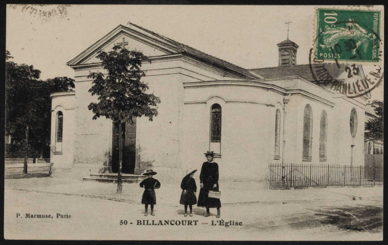 50 - Billancourt. - L'église: femme et deux enfants devant l'église.