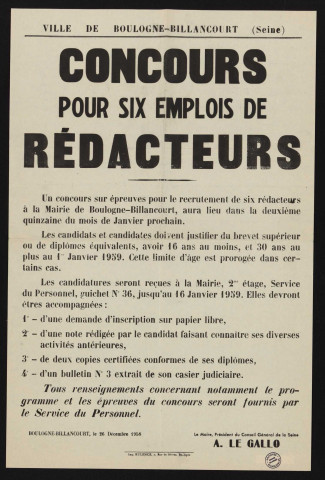 Concours pour six emplois de rédacteurs,