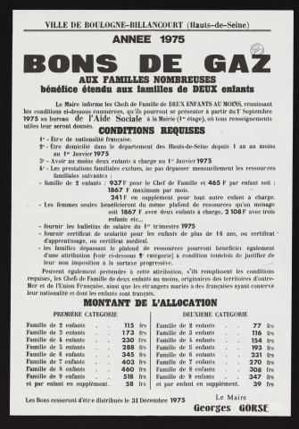 Bons de gaz aux familles nombreuses (bénéfice étendu aux familles de deux enfants), année 1975,