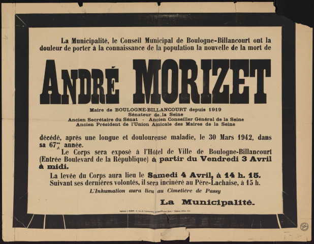 [Obsèques d'] André Morizet, maire [...] depuis 1919, sénateur de la Seine, ancien secrétaire du Sénat, ancien conseiller général de la Seine, ancien président de l'Union amicale des maires de la Seine,