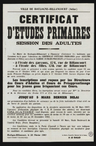 Certificat d'études primaires : session des adultes,