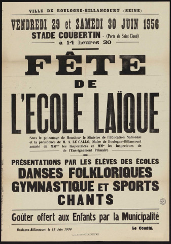 Fête de l'école laïque [au stade Coubertin les] vendredi 29 et samedi 30 juin 1959,