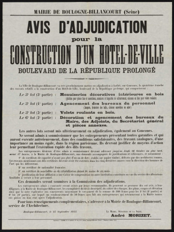 Avis d'adjudication pour la construction d'un hôtel-de-ville boulevard de la République prolongé ,