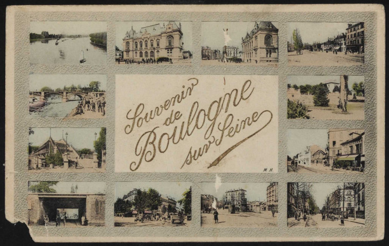 Souvenir de Boulogne sur seine, carte souvenir comportant des vues miniatures de la Seine, la salle des fêtes, les quais, la chaussée du pont