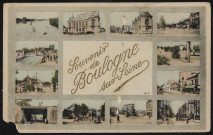 Souvenir de Boulogne sur seine, carte souvenir comportant des vues miniatures de la Seine, la salle des fêtes, les quais, la chaussée du pont