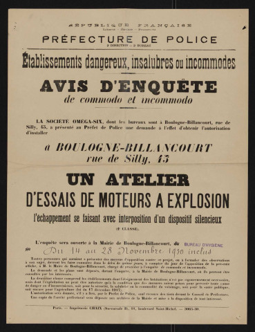 Avis d'enquête de commodo et incommodo : rue de Silly 45, Société Oméga-Six : installation d'un atelier d'essais de moteurs à explosion.