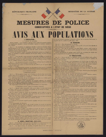 Mesures de police consécutives à l'état de siège : avis aux populations,