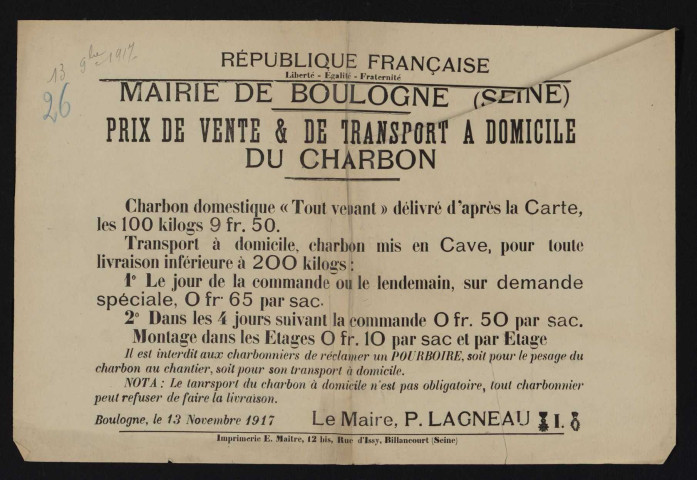 Prix de vente du charbon et de transport à domicile du charbon,