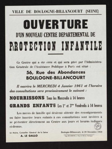 Ouverture d'un nouveau centre départemental de protection infantile [à] Boulogne-Billancourt 56 rue des Abondances,