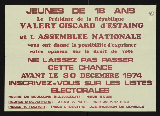 Jeunes de 18 ans [...] inscrivez vous sur les listes électorales,