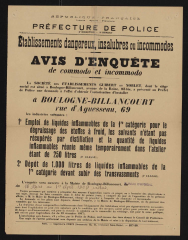 Avis d'enquête de commodo et incommodo : rue de la Mairie 37, M. Schnell : installation d'un atelier de serrurerie ayant plus de 20 ouvriers.